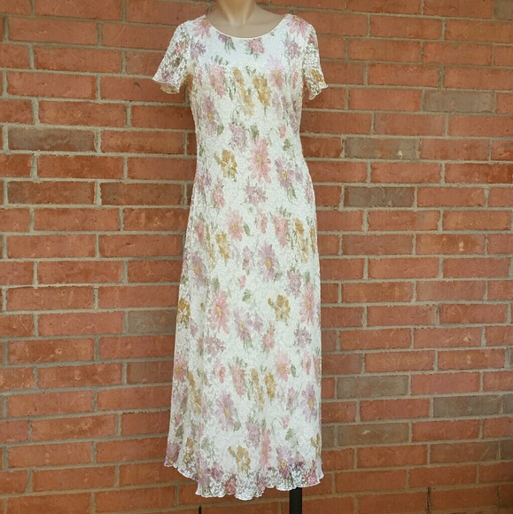 Dress Barn off-white Pink Gold lavender green lace overlay 90s style dress - Picture 2 of 6